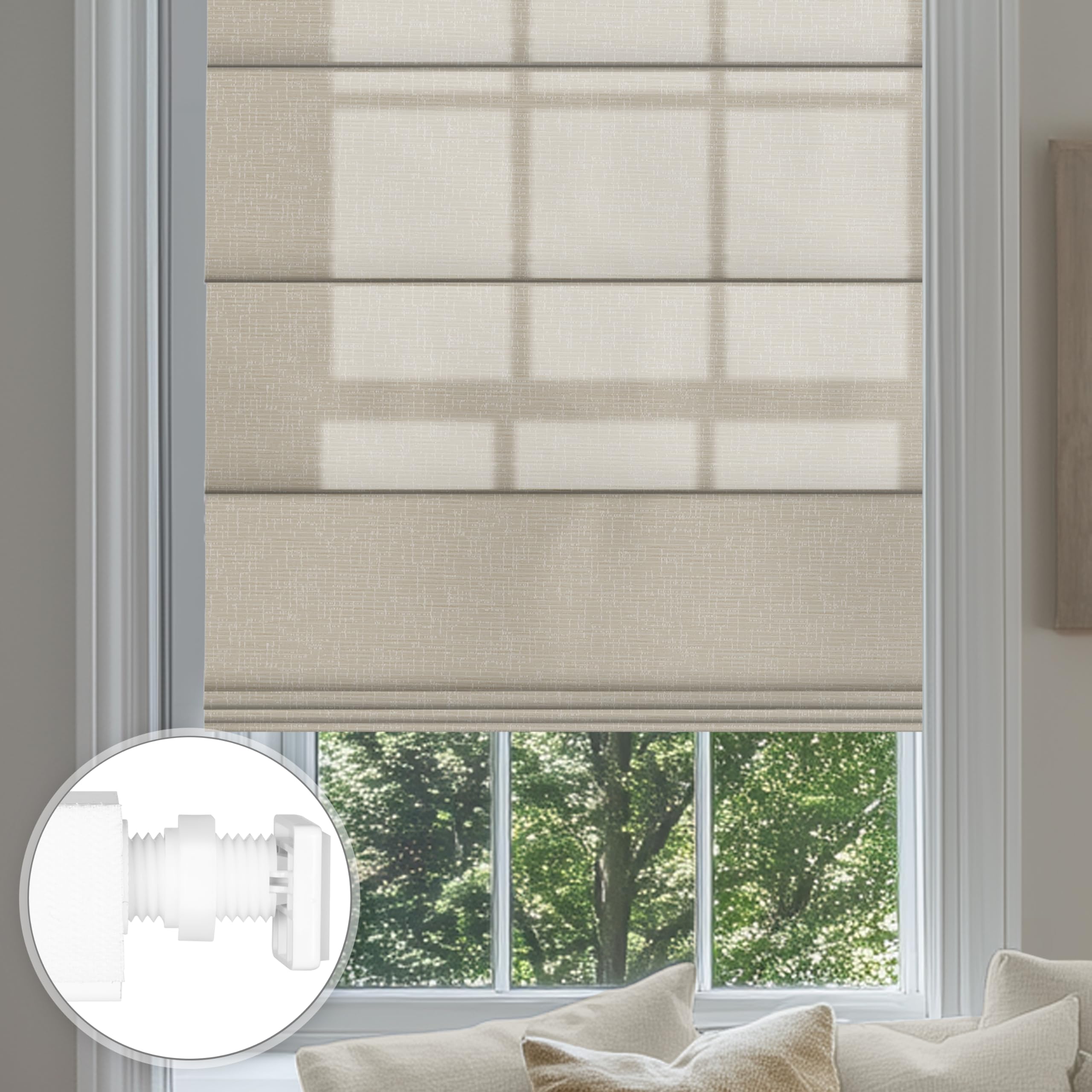 Sulugood No Drill Roman Shades for Windows No Tools Roman Shades, UV Protection, Thermal Insulation Roman Blinds, Easy to Install, Light Filtering-Beige Custom Size.
