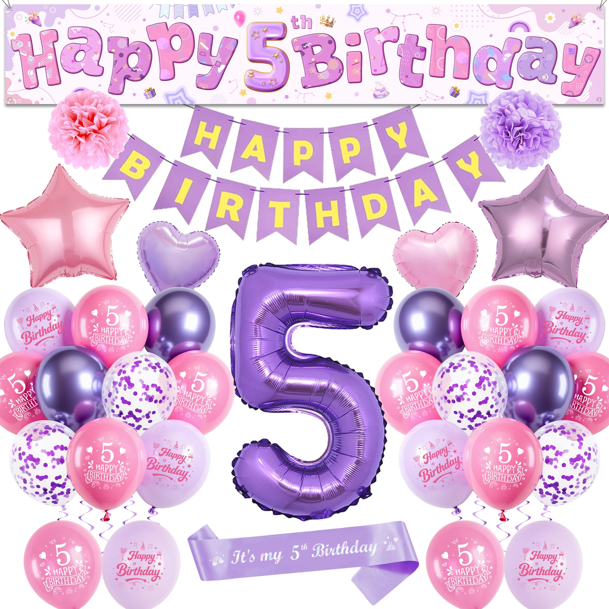 5th Birthday Decorations Balloons Girls - Pink Purple Large Happy 5th Birthday Yard Banner(25 X 150 Cm) Mit Sash, Stars Crowns Number 5 Foil Balloons and Paper Pompoms for 5 Year Olds Party