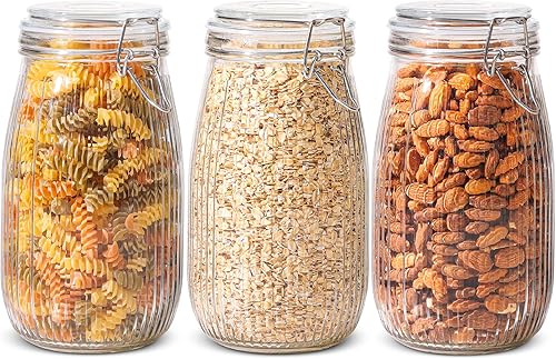 Miniatura 10 de ComSaf Juego de 3 recipientes de vidrio herméticos con tapas, tarro cuadrado de almacenamiento de alimentos de 34 onzas, contenedor de