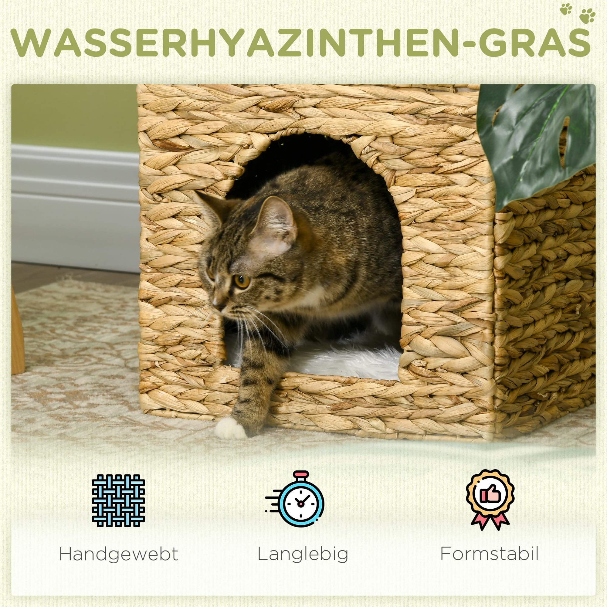 PawHut Rattan Katzenhaus, Katzenhöhle mit Kissen, Katzenbett mit 2 Ebenen, Katzenkorb, Katzenhütte für Katzen bis 5 kg, Wasserhyazinthengras, 37,5 x 37,5 x 41,5 cm, Braun