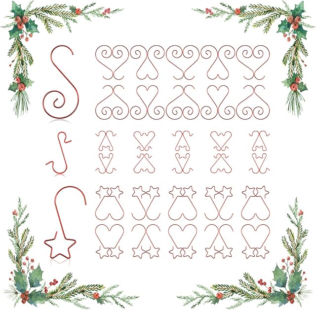60 Pcs Red Christmas Tree Ornament Hooks,Star Ornament Hooks,Christmas S-Shaped Hooks,3 Shapes of Tree Ornament Hangers for Hanging Xmas Decorations,Christmas Balls,Christmas Socks,Christmas Tree Deco