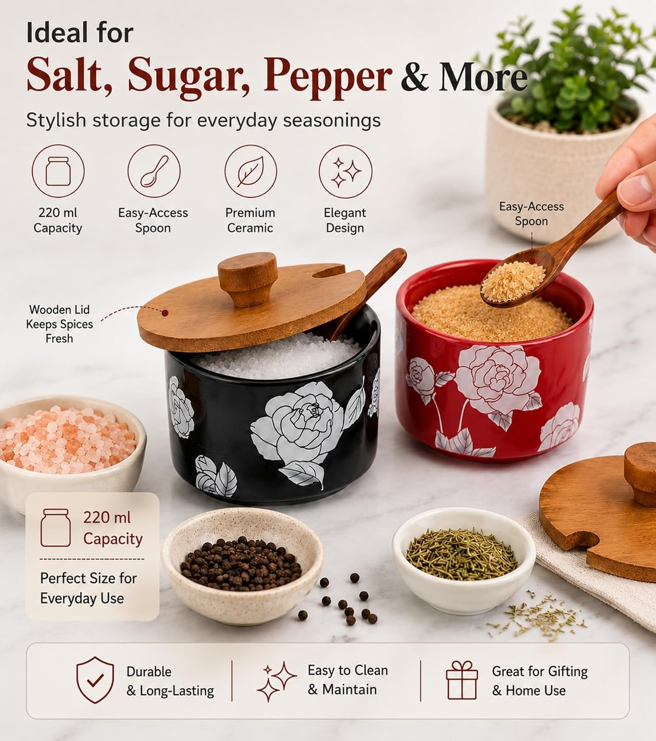 Ceramic Salt Cellar with Lid and Spoon, 7.4 Oz Salt and Pepper Bowl, Floral Spice Cellar with Bamboo Lid, Seasoning Container for Countertop, Salt Sugar Pepper Holder (Red)