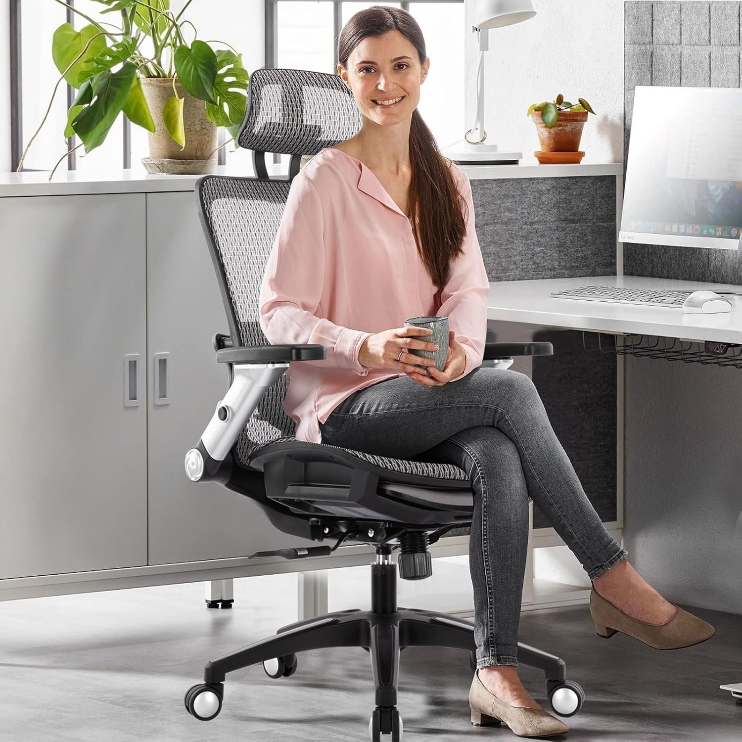 Ergonomic Mesh Office Chair with Footrest, Adjustable Lumbar Support, Headrest and Tilt Lock, 4D Flip-up Arms, High Back Computer Gaming Chair, Swivel Executive Desk Chair-Grey