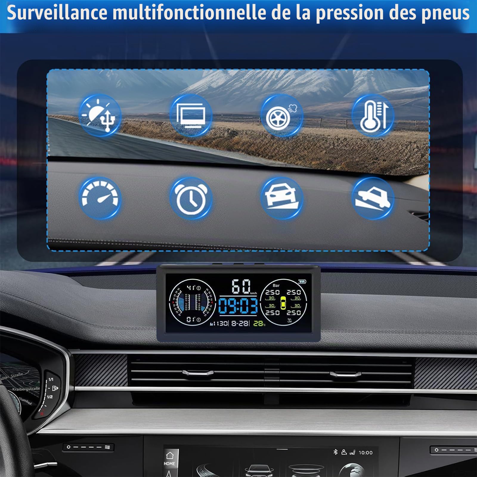 Système De Surveillance De La Pression Des Pneus Multifonction, Tpms Avec 4 Capteurs Externes, Charge Solaire, Compteur De Vitesse Universel Avec éCran Lcd Couleur, 9,9 Bar/199 Psi