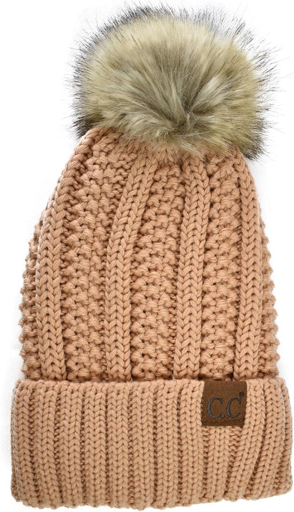 Thick Cable Knit Faux Fuzzy Fur Pom Fleece Lined Skull Cap Cuff Beanie