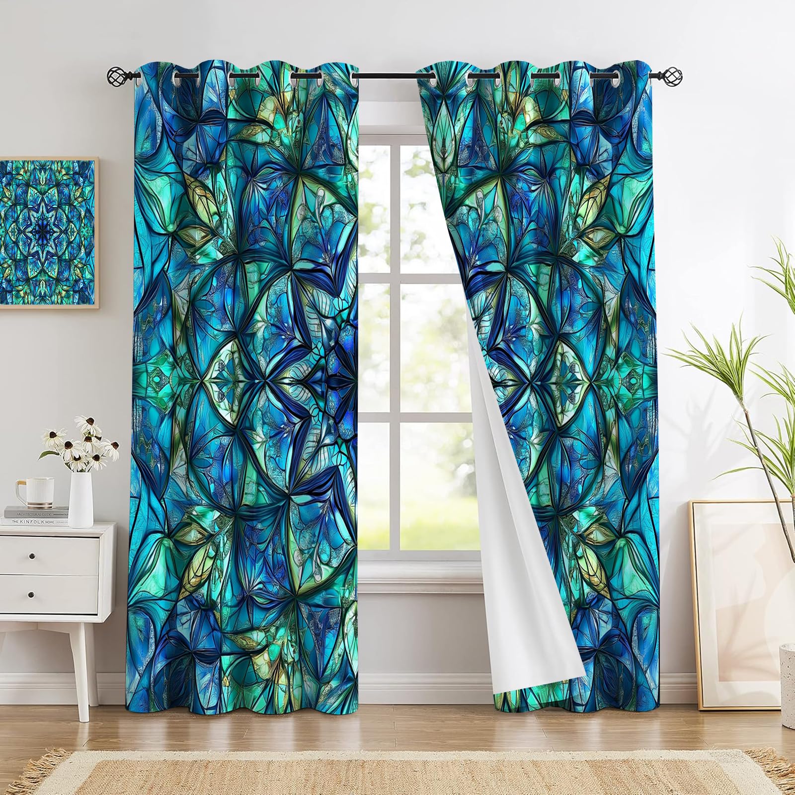 Rideaux occultants thermiques mandala bleu 117x137 cm isolant anti-froid pour cuisine et bureau