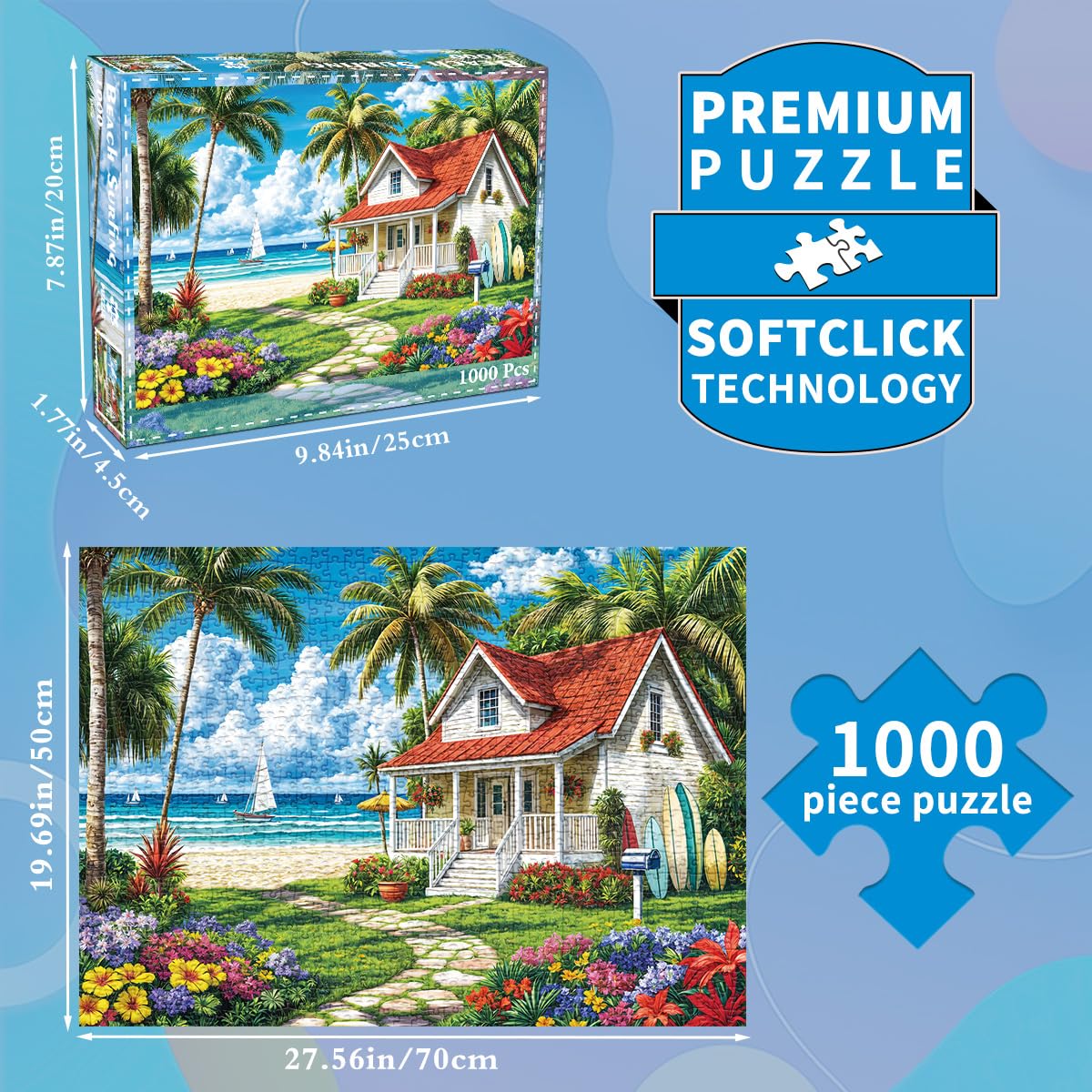 Puzzle für Erwachsene 1000 Teile Puzzle für Erwachsene 1000 Teile Puzzle 1000 Teile Sommer Strand Urlaub Surfen Kokospalmen Holzhäuser