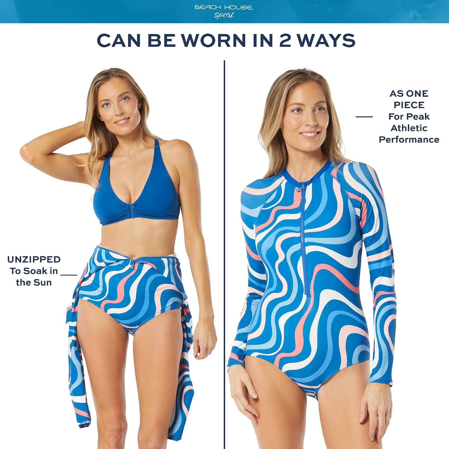 BEACH HOUSE SPORT Sculpt Long Sleeve Front Zip One Piece Swimsuit — Bonus Bikini Top