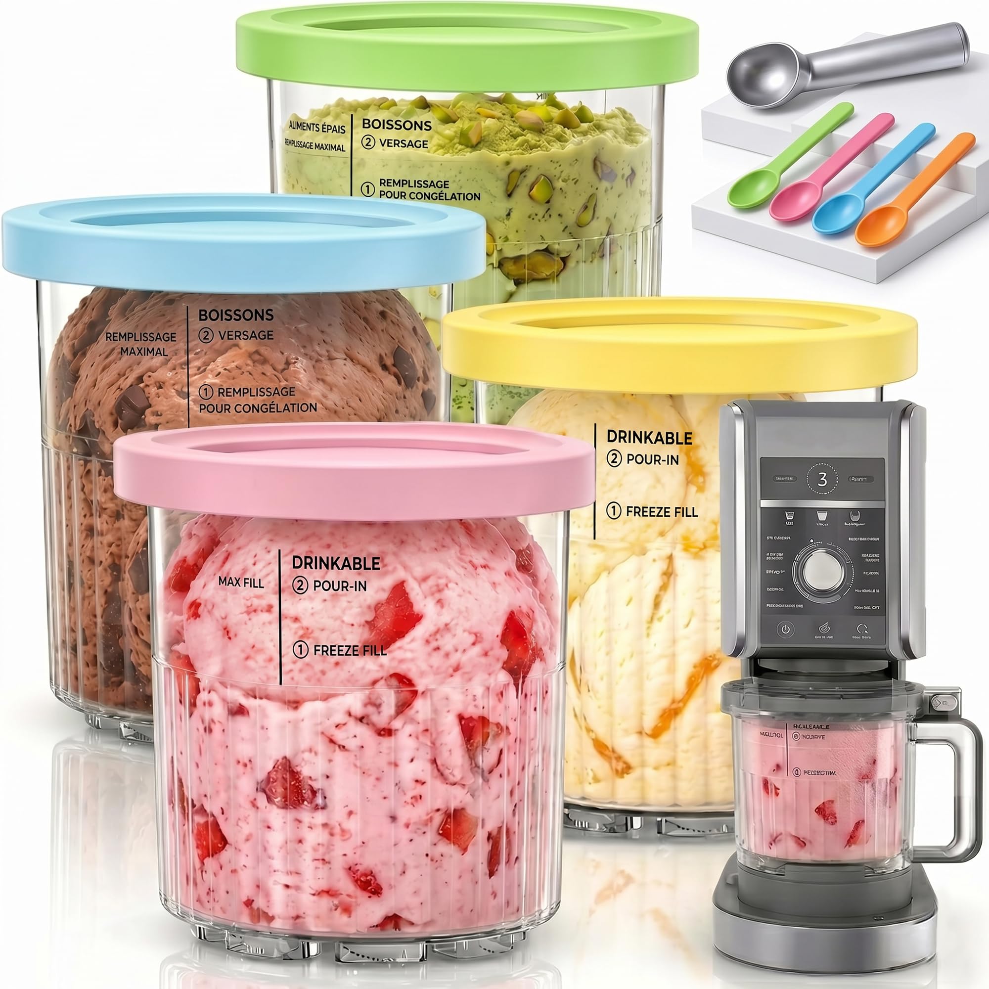 Set de 4 récipients pour Ninja CREAMi Deluxe, pintes de crème glacée de 24oz avec couvercles colorés, incluant 4 mini-cuillères et cuillère à glace en acier inoxydable, accessoire sans BPA et lavable
