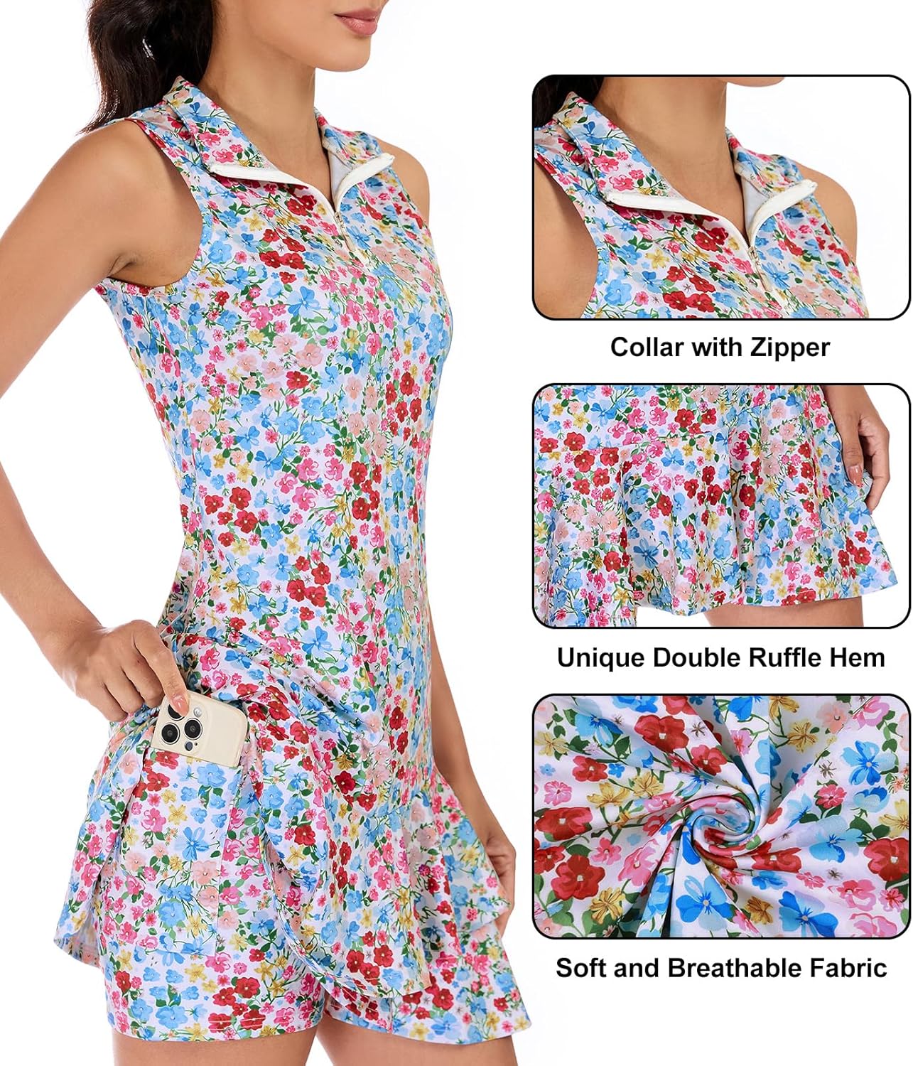 Cucuchy Style Tennis Golf Dresses for Women Sleeveless Athletic Dress Zip Up Ruffle Golf Outfits