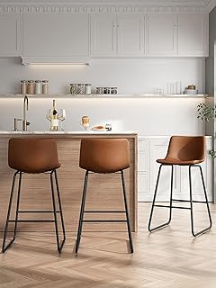 Modern Counter Height Bar Stools (Set of 3) - 26 Inches, Dark Brown Faux Leather, Metal Legs & Footrest