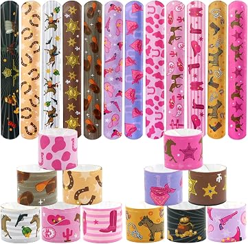 Qpout 48pcs Western Cowgirl Cowboy Slap Bracelets Pink Girl Snap Bracelet Horse Disco Rodeo Bachelorette Lets Go Girls Horse Party Wristbands for Western Themed Party Decorations