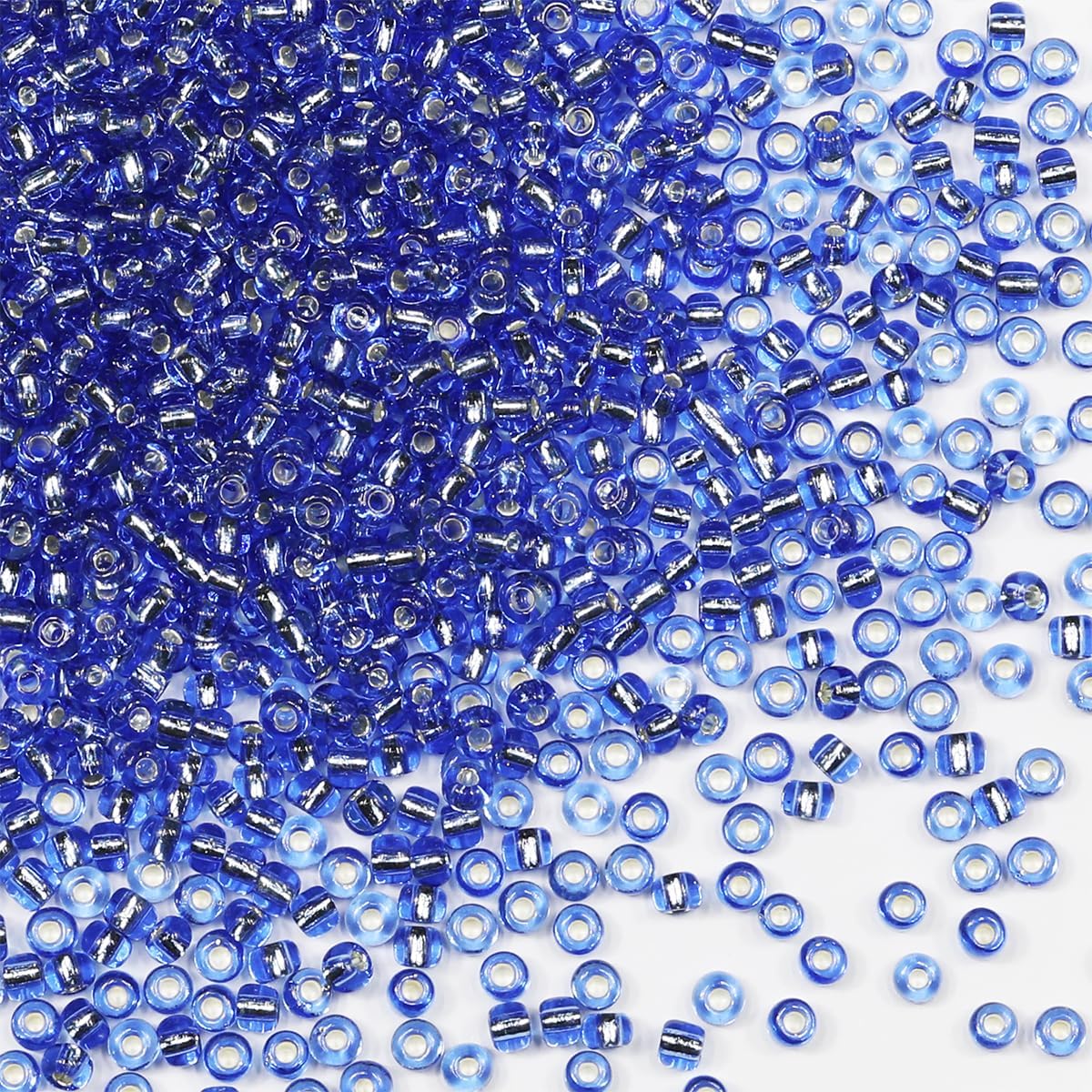 Seed Beads Blue 200 Grams About 6500pcs, 3mm 8/0 Green Silver core Glass Craft Beads for Making Earrings, Bracelets, Pendants, Waist Jewelry,DIY Handmade Seed Beads（Blue Silver Lined）