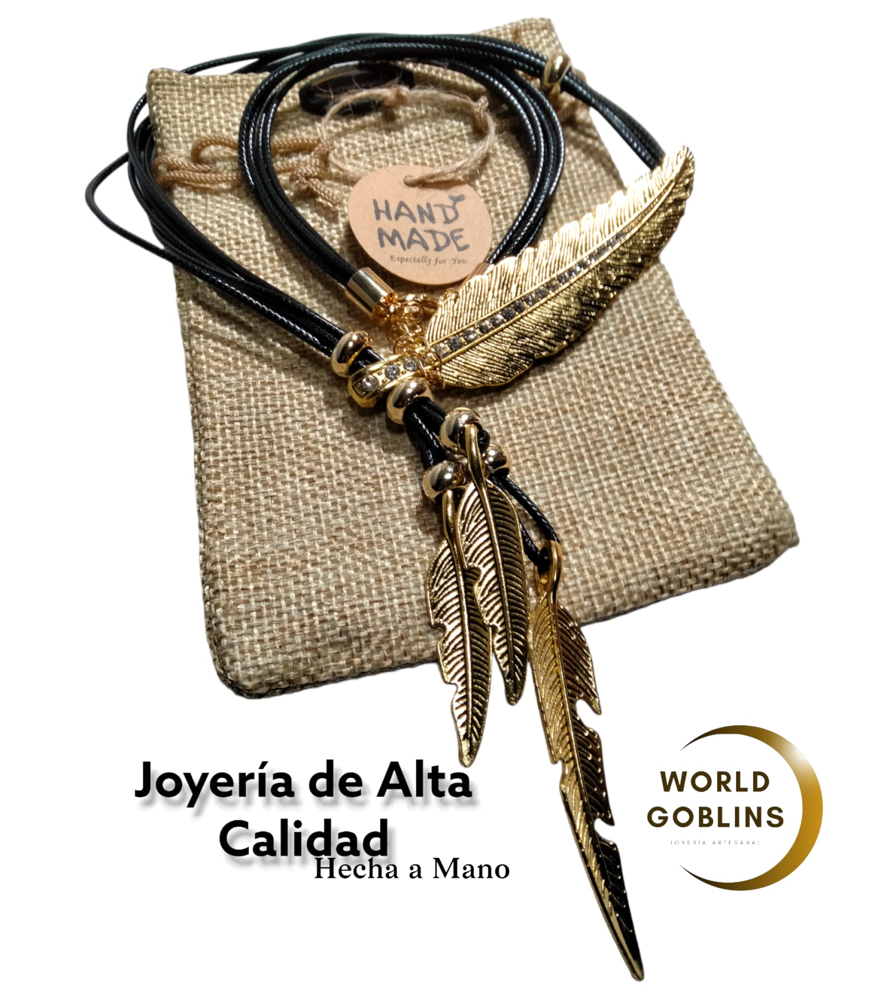 Collier de style bohème pour femme avec motif feuilles et plumes. Bijoux. Colliers de déclaration | Pendentif ethnique fabriqué à la main en Espagne. Cadeau Original (CUIR NOIR)