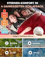 KingCamp Dupla Hálózsák 4 Évszakos, Téli Kempingzsák 2 Személyes, Szétválasztható, Flanell Párnákkal, -13°C, Piros, 220x150cm 3