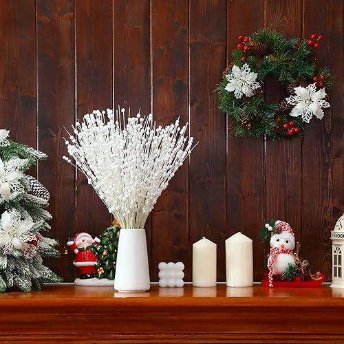 Miniatura 6 de Juinte 48 adornos para árbol de Navidad, 24 flores de pascua de Navidad (346 pulgadas), 24 varillas artificiales de purpurina con tallos de bayas