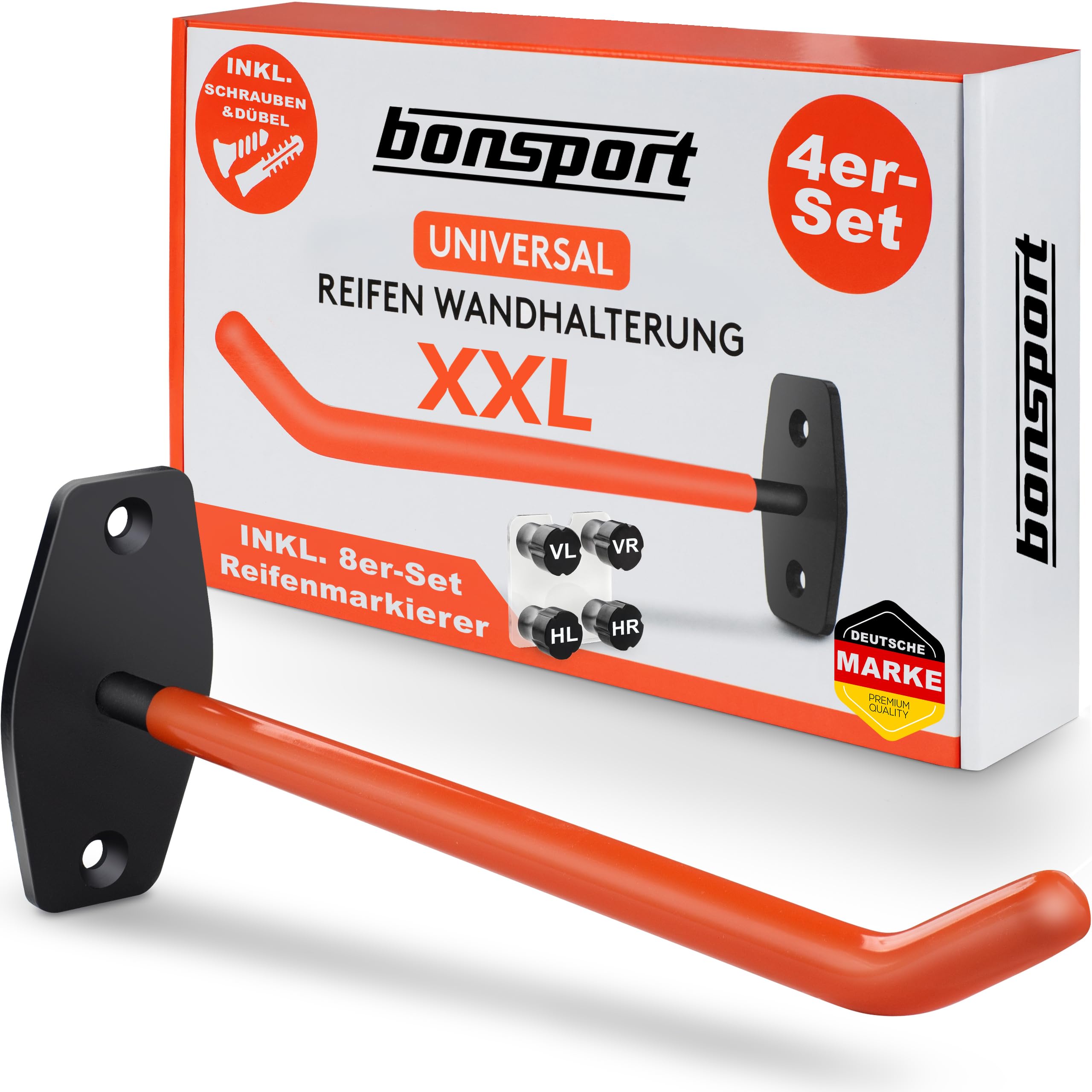 bonsport Wandhaken Reifen 4er Set - Belastbar bis 25kg - Autoreifen Wandhalterung für 4 Felgen - Reifenhalter Felgenhalter Wand Halterung - Reifen Aufhänge Garage