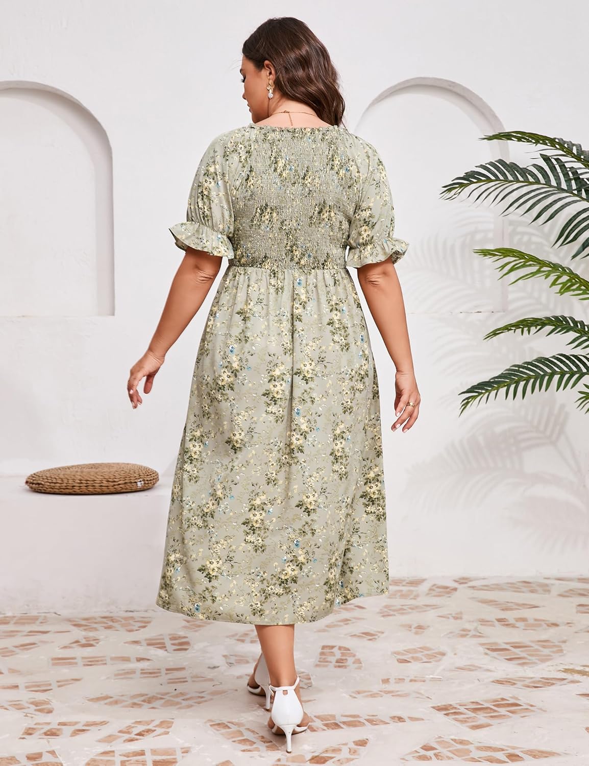 KOJOOIN Womens Puff Sleeve Summer Floral Dress Plus Size Smocked Ruffle Square Neck Casual Dress Cute Midi Dress - Image 6