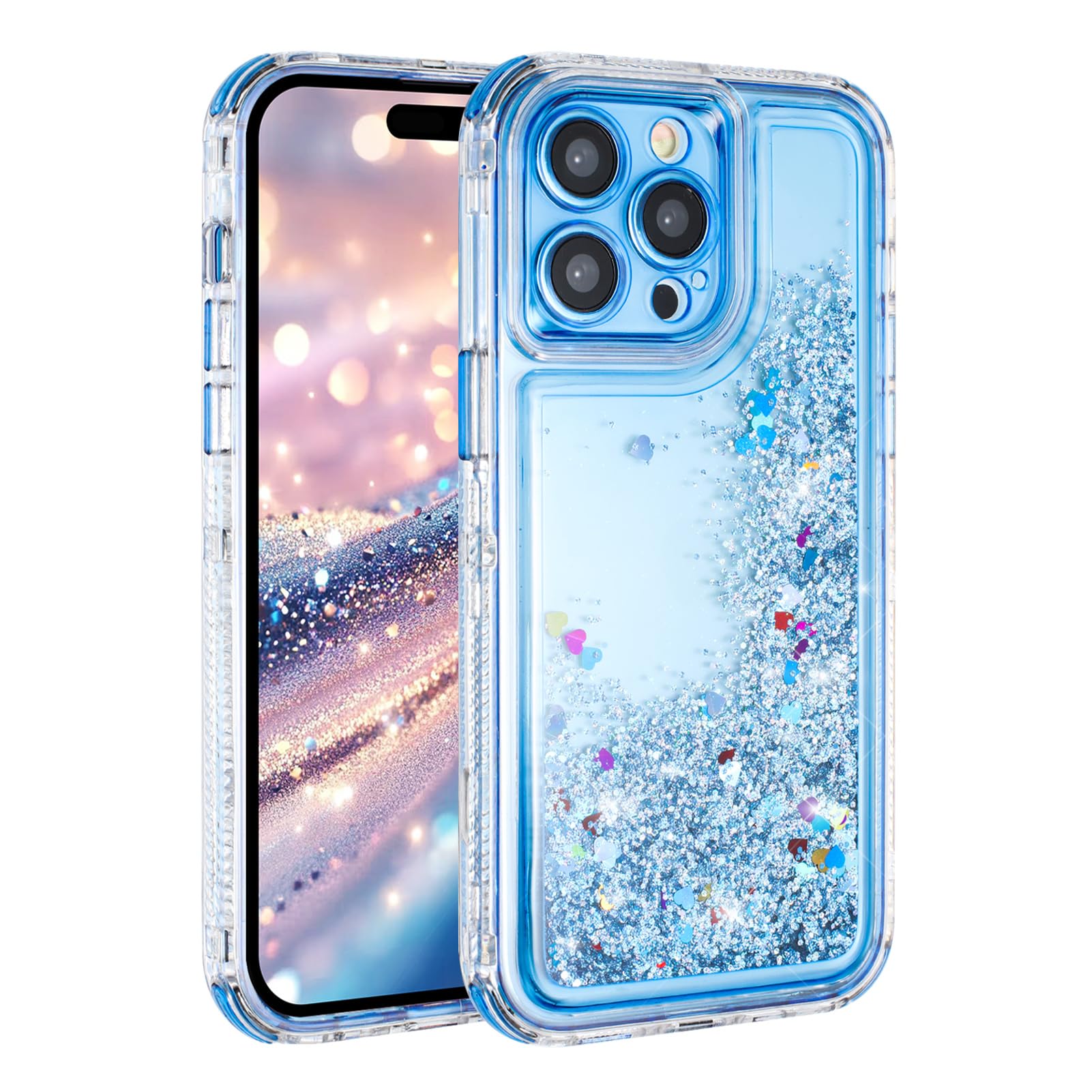 Tikoo Designed for iPhone 13 Pro Case Glitter for Women Girl Clear 3-in-1 Heavy Duty Protective Phone Cover with Floating Liquid Quicksand Bling
