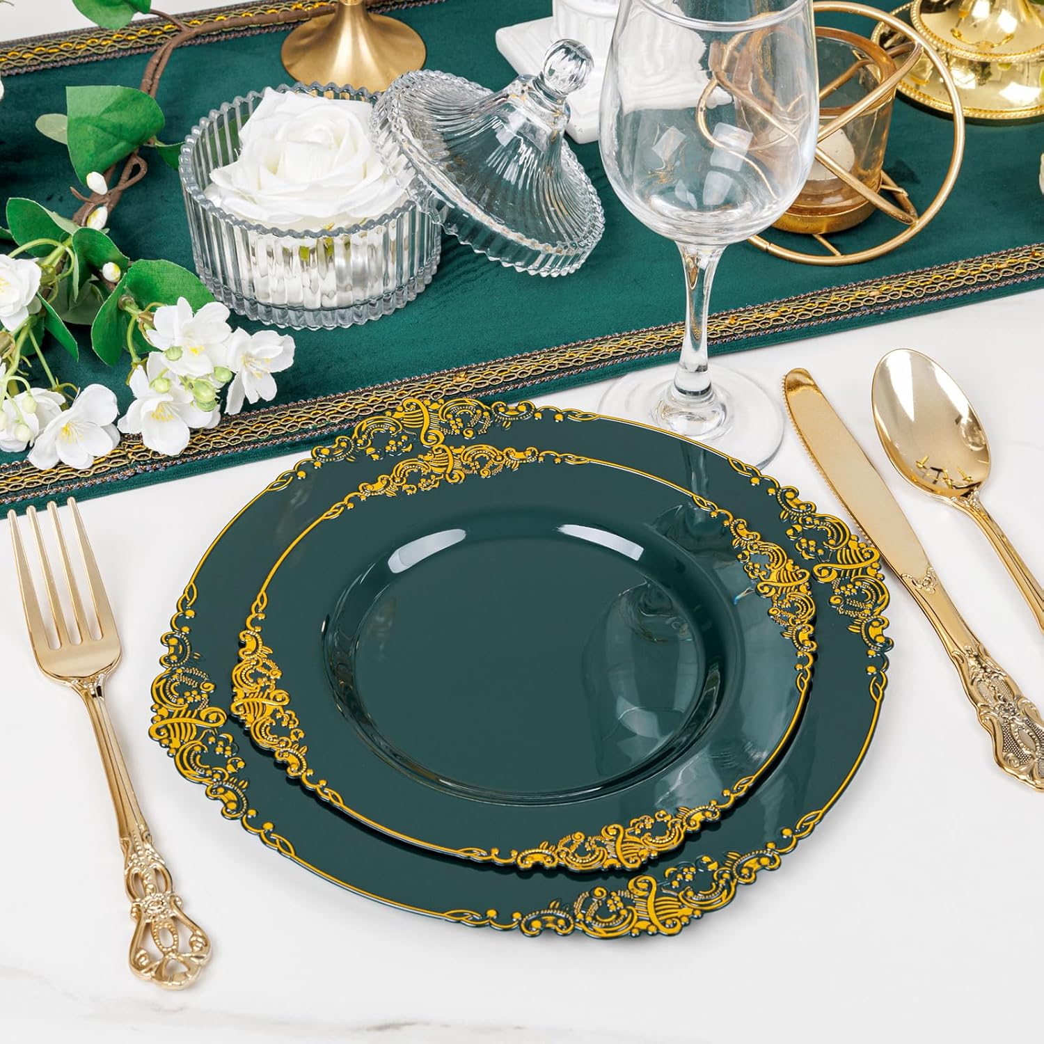 102PCS Green Plastic Plates - Green and Gold Plates - Fancy Heavy Duty Disposable Plate - Heavyweight Dinner & Dessert Plate for 51 Guests for St. Patrick's Day Party & Wedding - Image 5