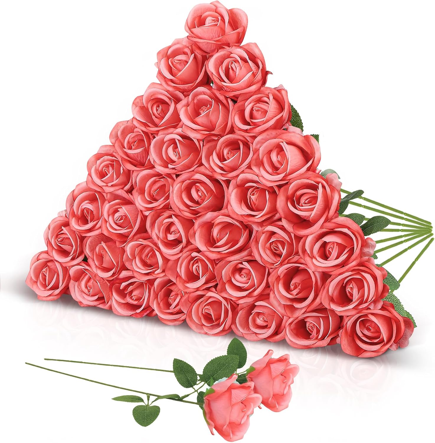 Pack of 36 Pink Artificial Roses, 51 cm Long Stem Artificial Dark Red Roses, Realistic Artificial Roses for Wedding Ramos, Home Decoration, Party Arrangements, Hotel and Garden Decorations
