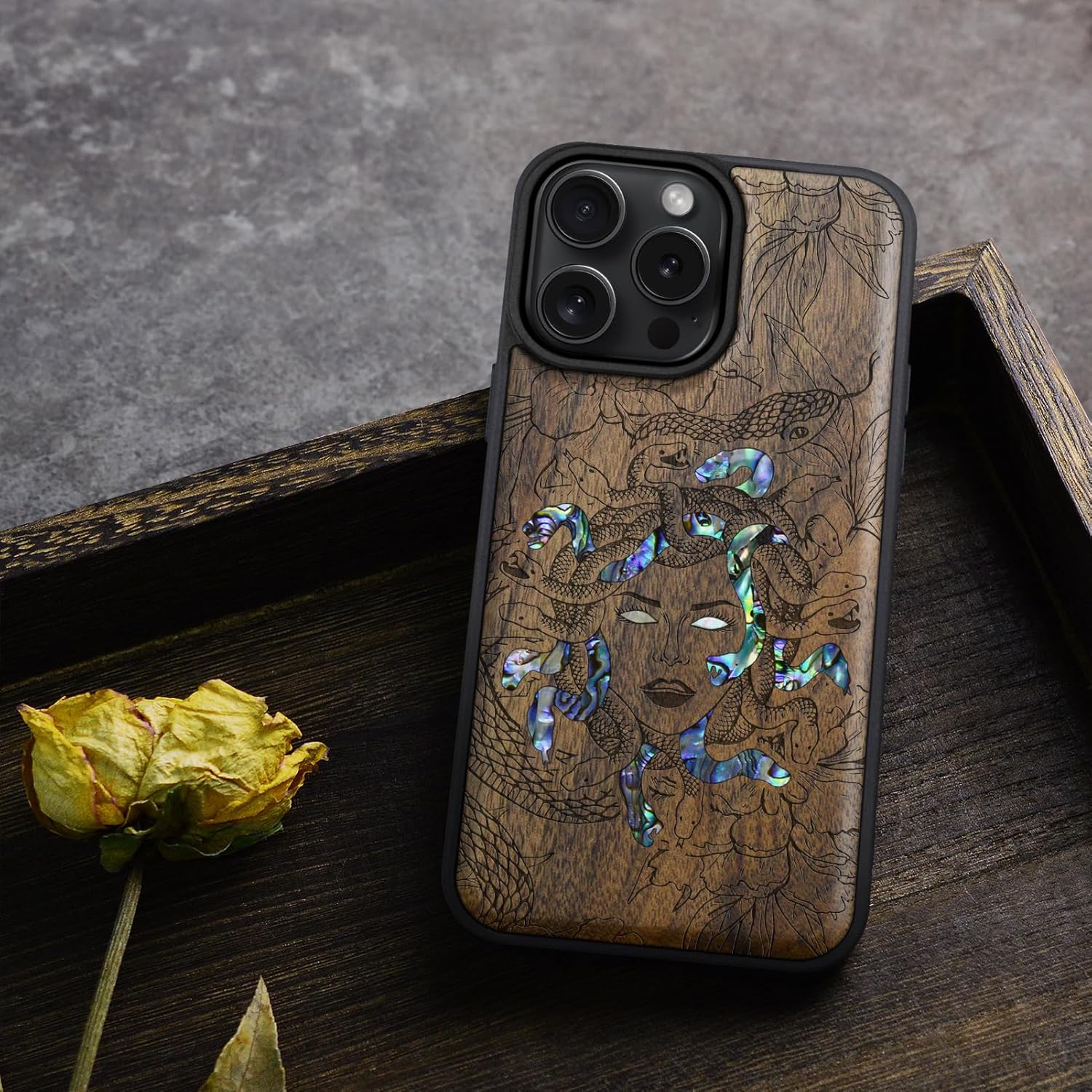 Carveit Magnetic Case for iPhone 16 Pro Case, Wood Artisan Engraved & Handmade Shell Inlaid, TPU Shockproof Cover, Compatible with MagSafe Wireless Chargers (The Medusa Enigma) Walnut