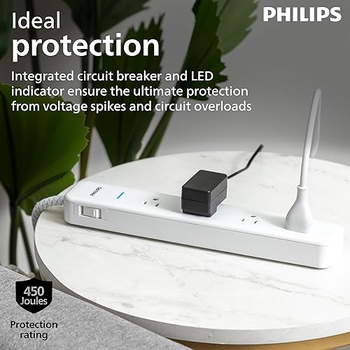 Miniatura 4 de Philips Tira de alimentación con protector de sobretensiones de 4 salidas, cable de extensión trenzado de 4 pies, extensor de salida multienchufe,