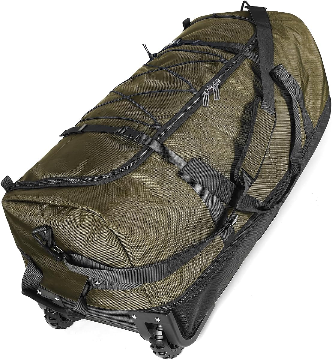 110L Expandable to 140L 32” Foldable Oxford Soft-Sided Rolling Duffle Bag with 2 Heavy-Duty Wheels,2 Large Compartments,Adjustable Shoulder Strap and Attached Organizer Pouch,Green