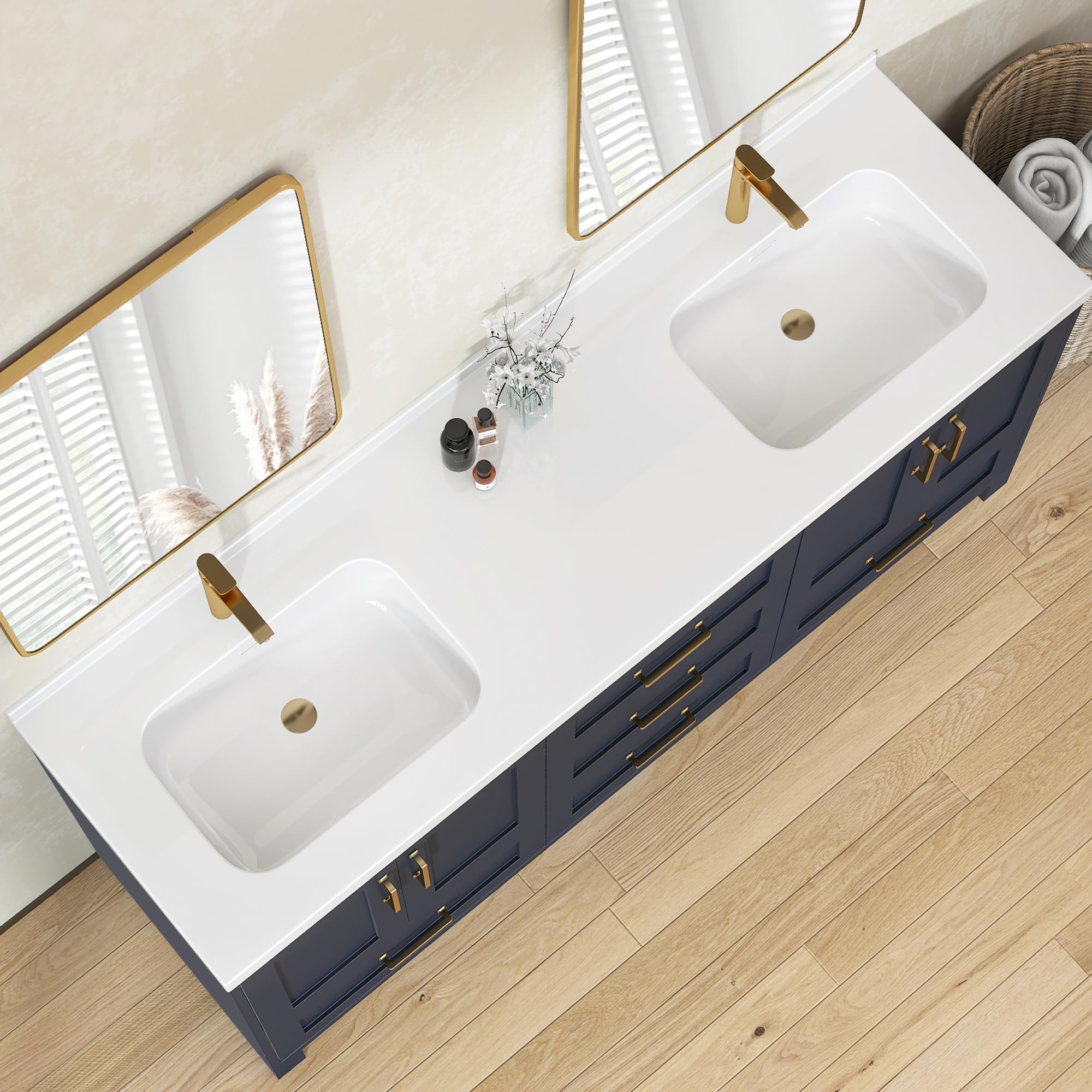 Photo 1 of ** one sink has major damage. Selling as partial set in one good sink** 72 x 22 White Vanity Top with Sink Solid Surface Bathroom Vanity Sink Top with Double Sink Integrated Basin Backsplash and Overflow in Glossy Pure White, Cabinet Not Included