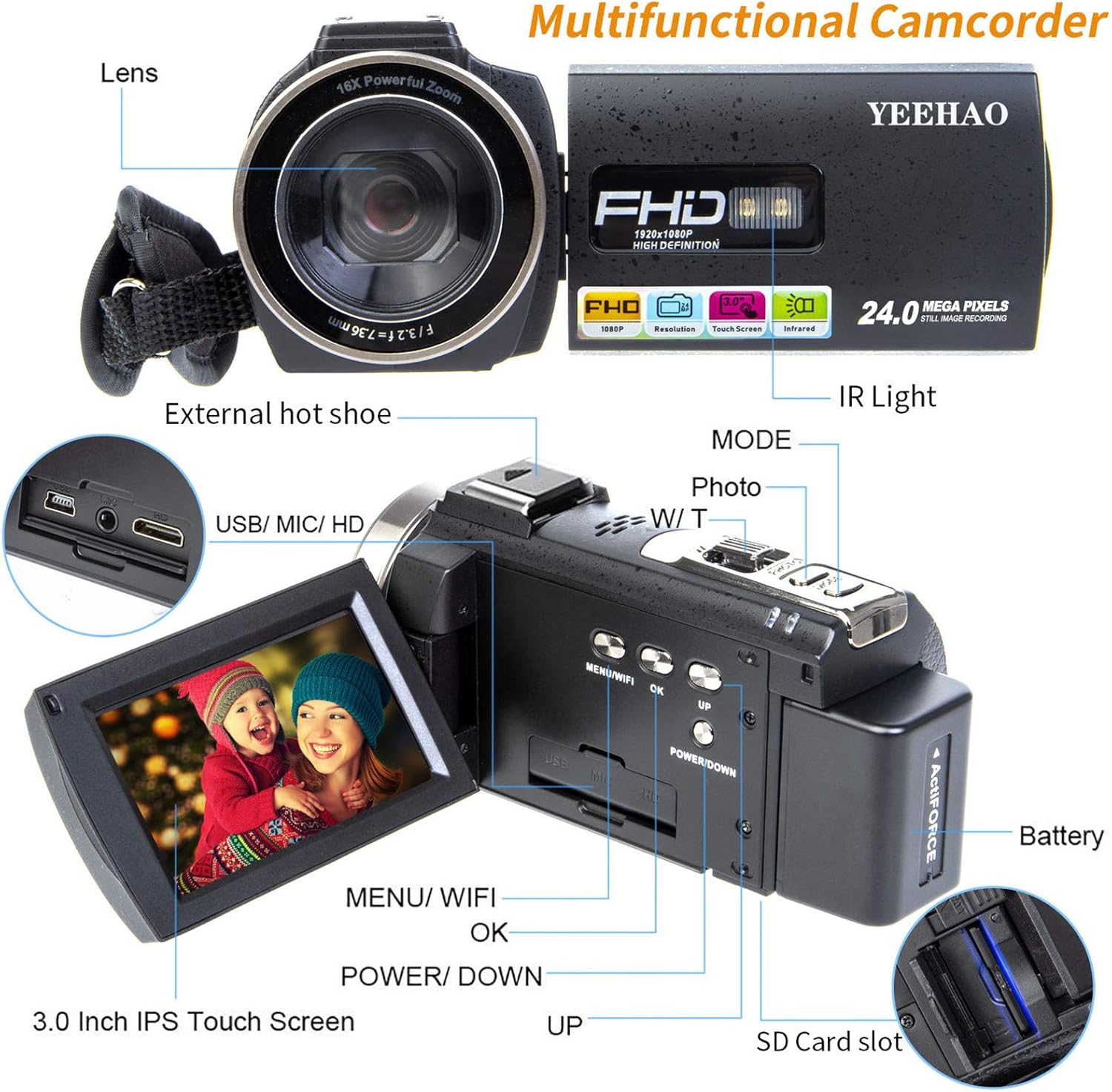 Crаzу Dеаlѕ Camcorder Video Camera YEEHAO WiFi HD 1080P 24MP 16X Powerful Digital Zoom Camera with Microphone and Wide Angle Lens Remote Control Lens Hood Infrared Night Vision YouTube Vlogging Camera Recorder