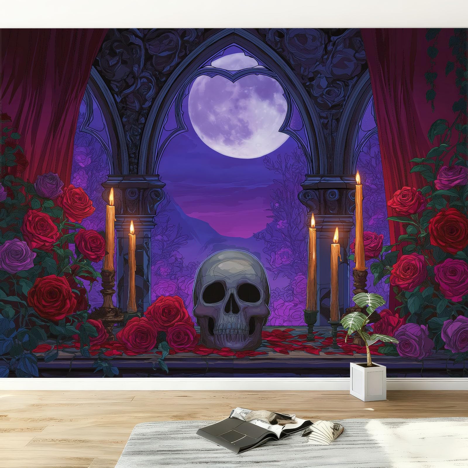 Gotycki łuk, czaszka, kwiaty, fototapeta, 350 x 256 cm, flizelina, sztuka fantasy, sztuka ścienna mural do salonu, telewizora, sofy, hotelu, korytarza, tapeta ścienna, obraz