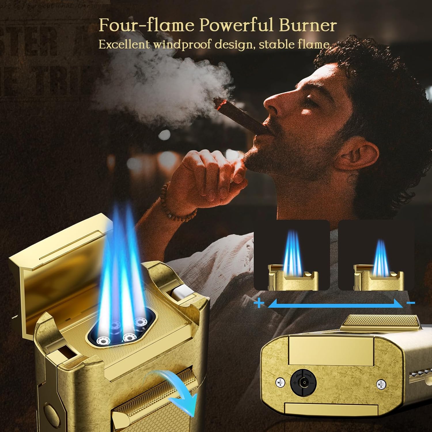 6-in-1 Cigar Torch Lighter, with Straight&V Cigar Cutter, 2 Cigar Punches, Cigar Draw Enhancer, Cigar Holder, Quad Flame Windproof Butane Lighter, Multifunctional Cigar Accessories, Gifts for Men