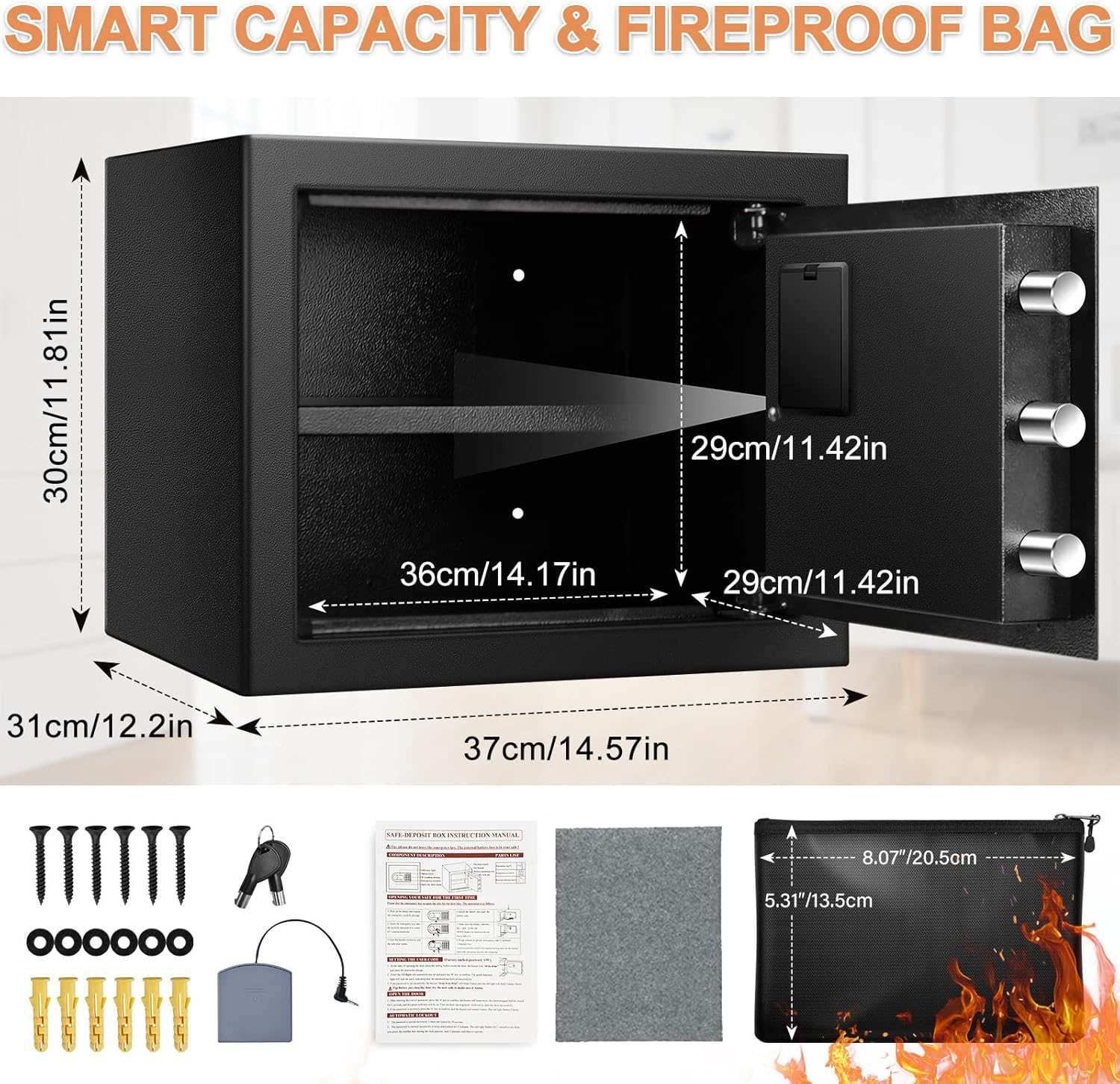 1.2 Cubic Fireproof Safe with Waterproof Fireproof Money Bag, Home Security Safe Box with Induction Light and Emergency Battery Box, for Home Office Cash Jewelry Guns Documents or Medicines - - 