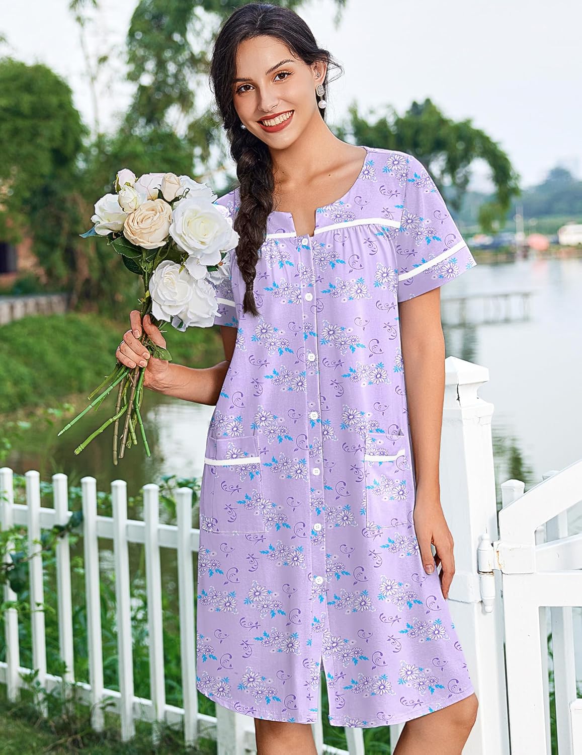 Ekouaer Nightgowns for Women Cotton House Dress with Pockets Button Down Night Gown Short Sleeve Duster Housecoat S-3XL - Image 3