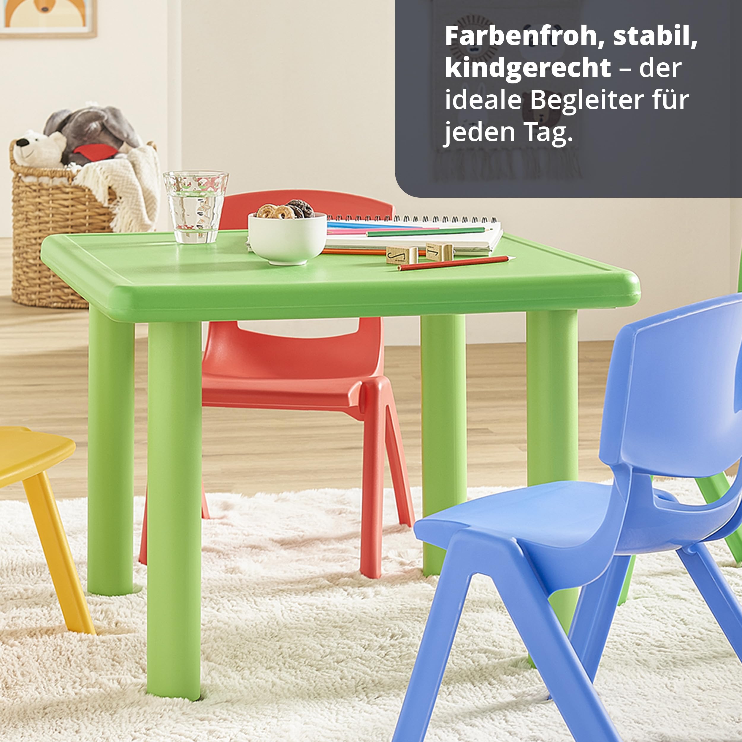KHG Kindertisch Grün Sitzgruppe aus pflegeleichtem Kunststoff für Drinnen & Draußen, 30kg belastbar, sicher & geprüft 62x50x62 cm