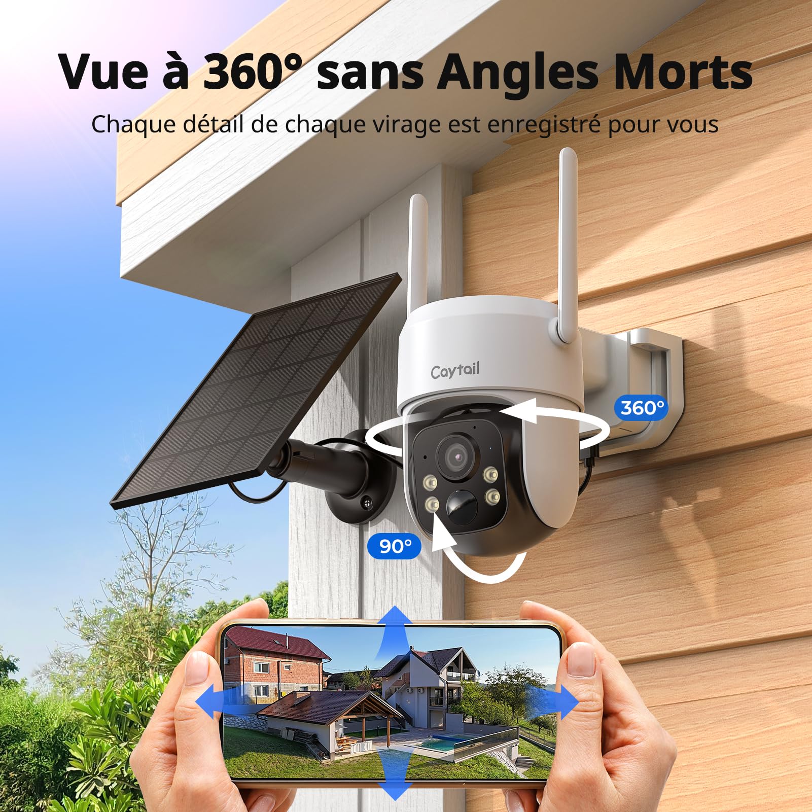 2K Camera Surveillance WiFi Exterieure sans Fil avec Panneau Solaire, 360° PTZ Camera Exterieur Batterie, 2.4Ghz, PIR Détection de Mouvement, Vision Nocturne Couleur, Audio Bidirectionnel