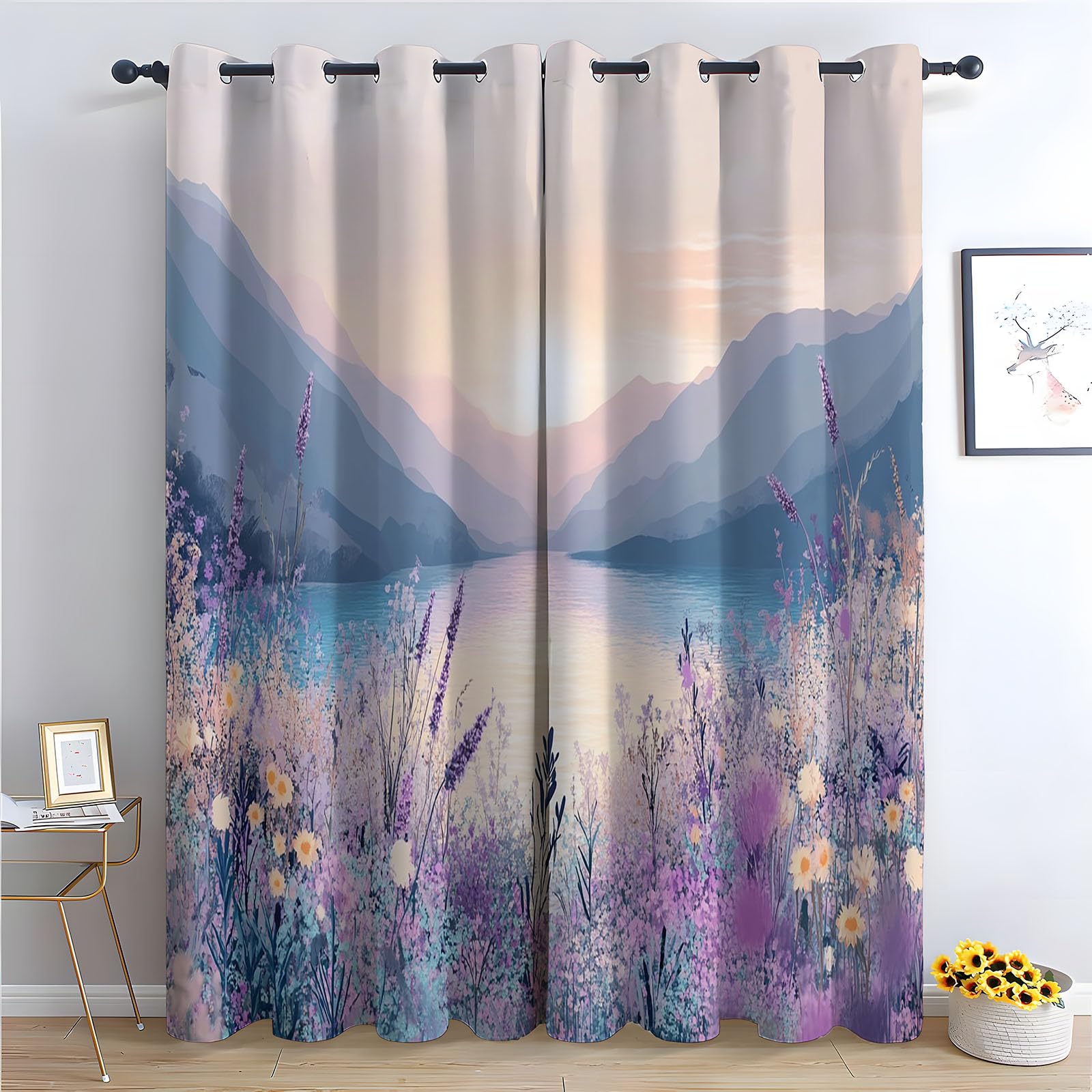 WIKEO Floral Curtains for Living Room Beautiful Natural Scenery Botanical Blackout Curtain,Thermal Insulated Long Farmhouse Print Decorative Grommet Drapes, 2 Panels-52 W x 96" L (Pack of 2)
