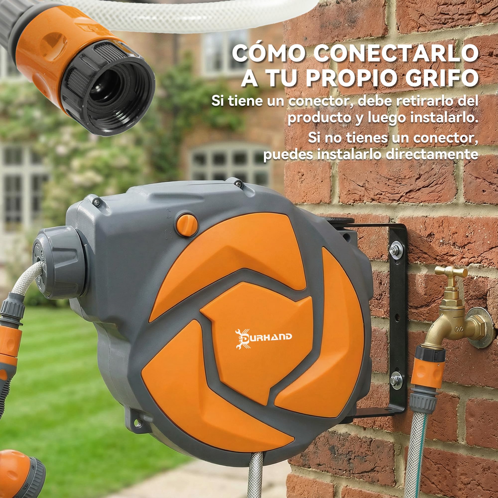 DURHAND Avvolgitubo da giardino 10+1 m con ugello a 7 funzioni, bobina avvolgitubo da giardino a parete, girevole a 180°, con riavvolgimento automatico, grigio scuro e arancione