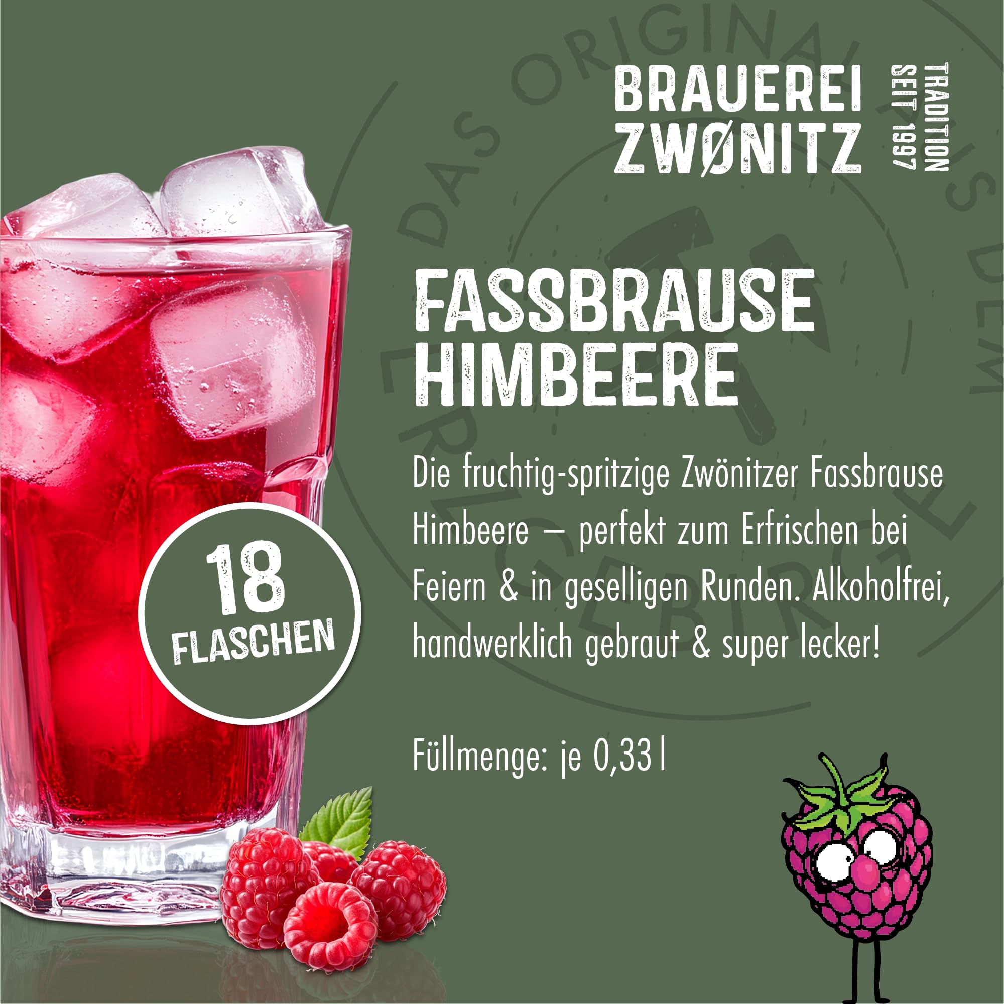 Brauerei Zwönitz Fassbrause Himbeere 18er Pack / 0,33 Liter Flaschen Himbeer Brause/Erfrischende Brause Limo aus Sachsen