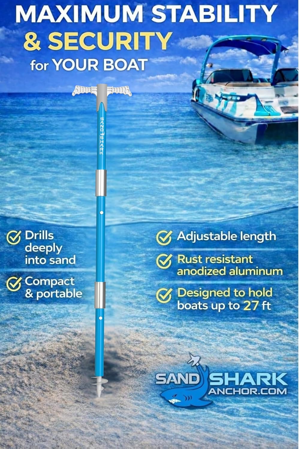 SandShark Supersport 3.0 Shallow Water Anchor - Great Jet Ski, PWC, Pontoon Boat Accessory - Adjusts 29"-48" w/Case