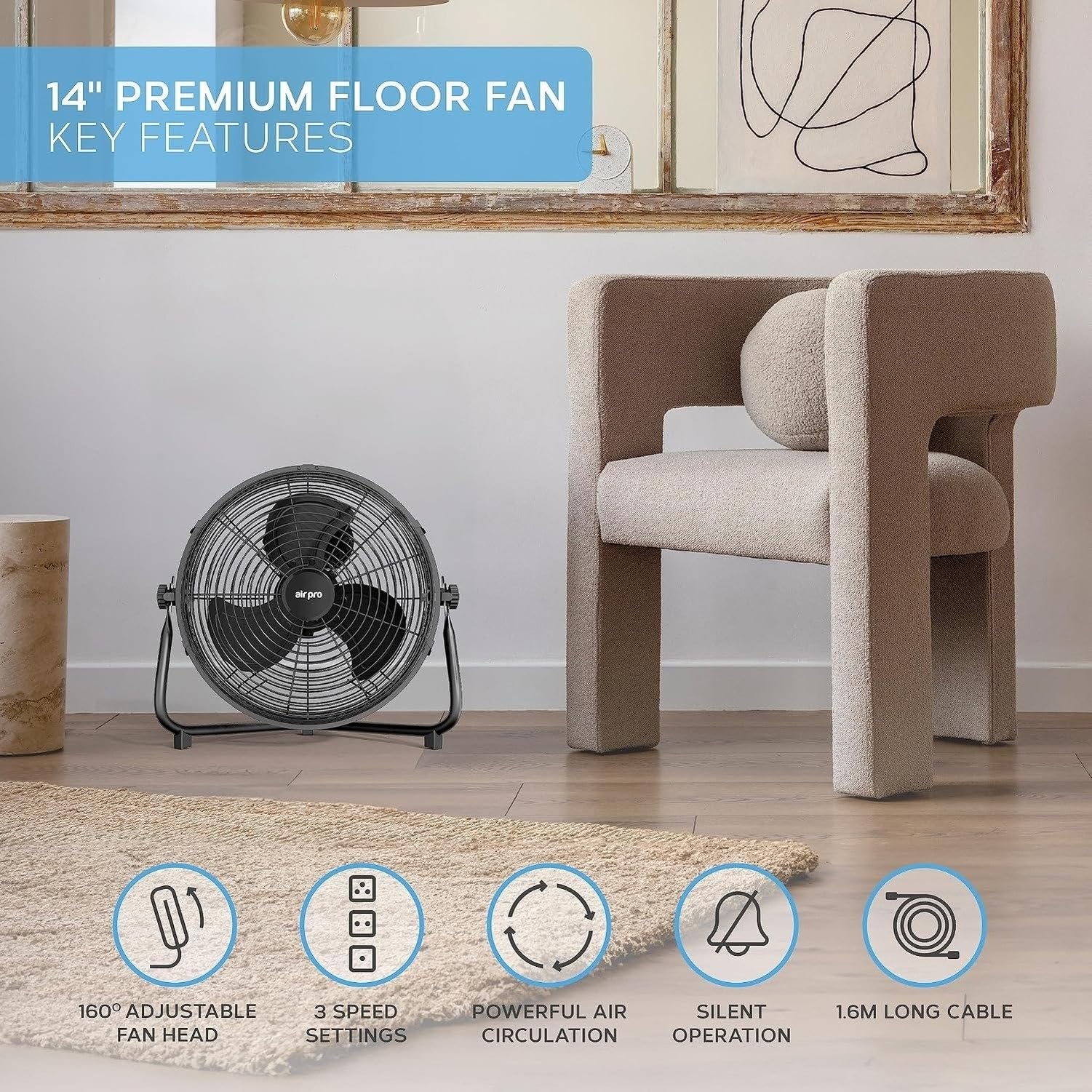 Ventilatore a Pavimento 20 Pollici ad Alta velocità con 3 velocità e Inclinazione Regolabile, Ventilatore Elettrico Portatile in Metallo con Cavo Lungo 1,6 m PE, Black, 14"