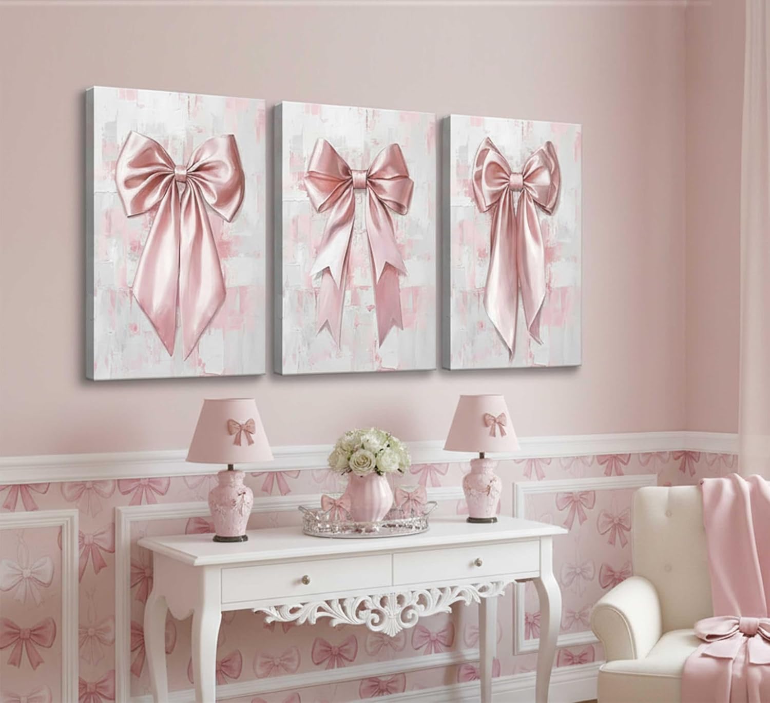 3Pcs Pink Bow Canvas Wall Art Trendy Coquette Preppy Bow Aesthetic Paintings Pictures Wall Decor Poster Print Artwork for Girls Room Bedroom Dorm Home Decoration