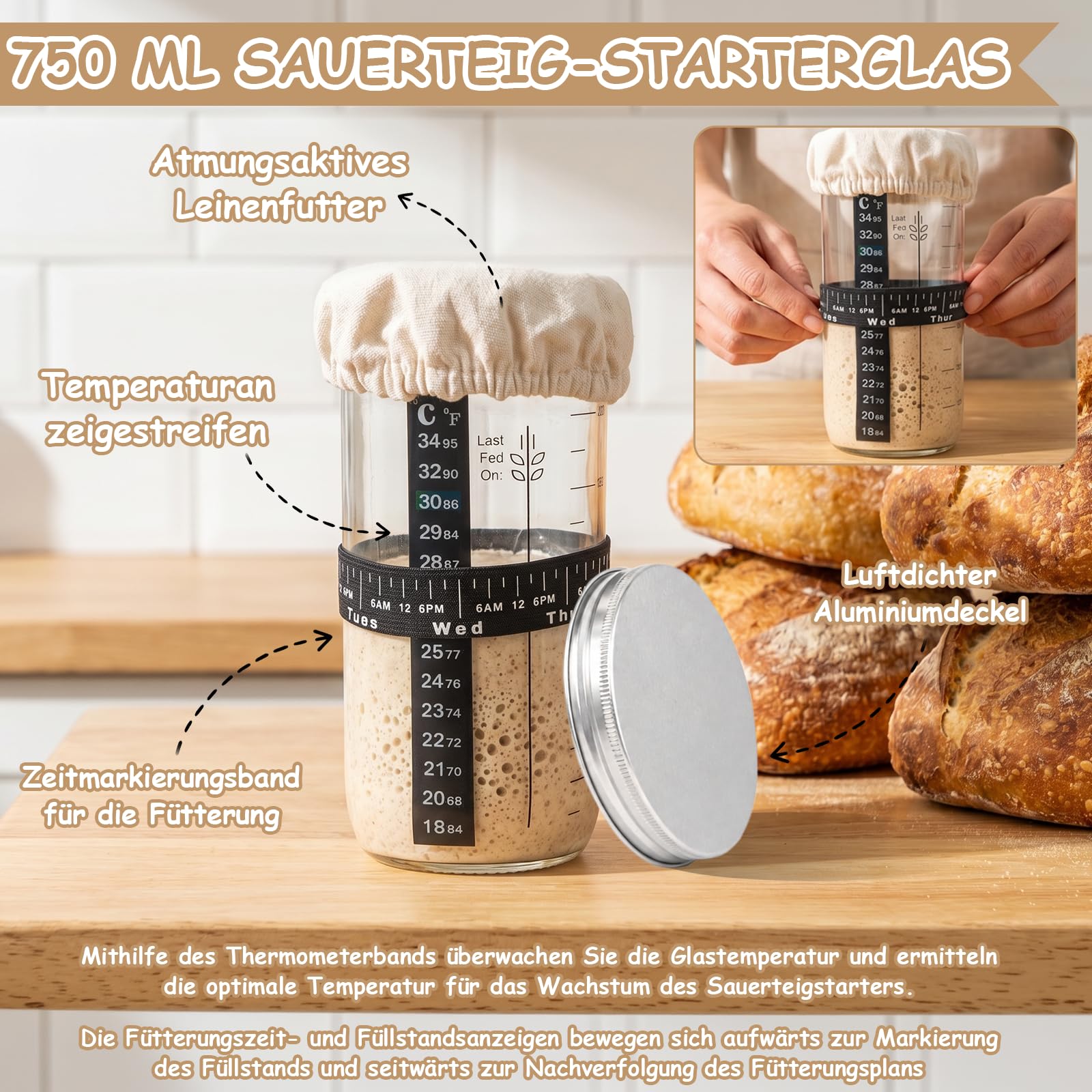 Juego de iniciador de levadura de 16 piezas, cestas de levadura de silicona plegables (23 cm redondas, 25 cm ovaladas), vidrio de levadura de 750 ml, juego completo de accesorios para panadería