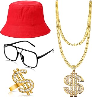 Hip Hop Costume Kit 80s/90s Rapper Accessories Hip Hop Fancy Dress Costumes 90s Outfit for Men Women Hat Sunglasses Necklace