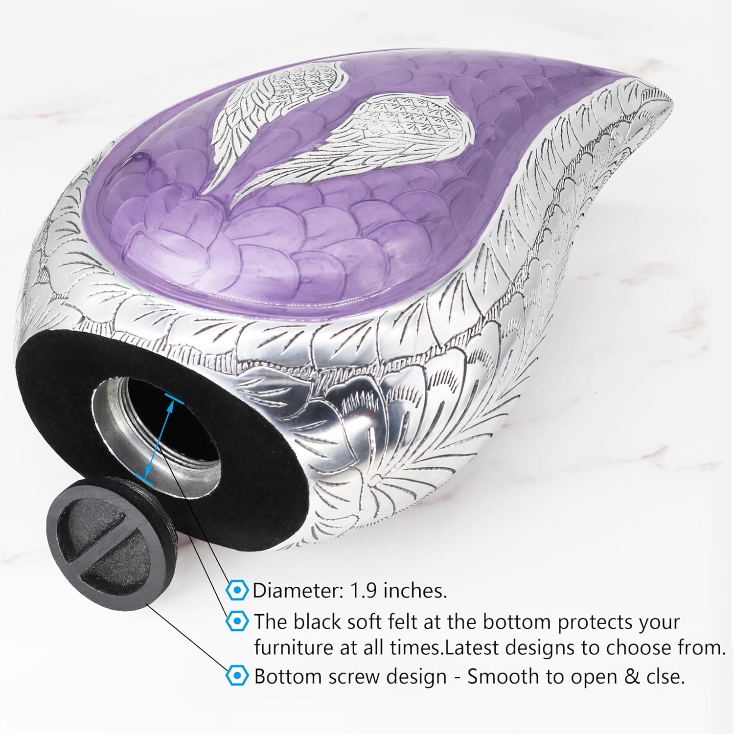 M MEILINXU Cremation Urns for Human Ashes Adult Female & Male, Tear Drop Urn for Ashes for Women & Man, Hand Engraved Angel Wings Urns, Funeral Decorative Urn for Burial, Purple - Large Teardrop - Image 7