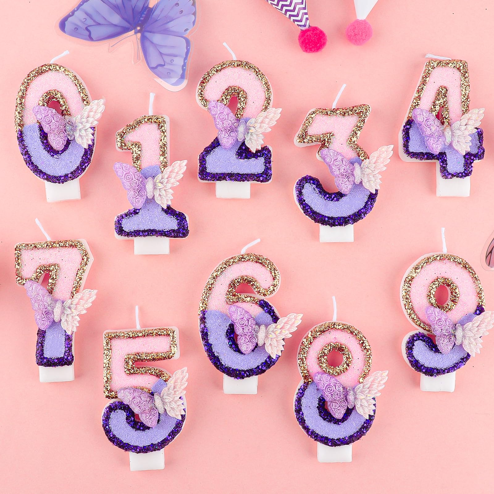 Candela Per Torta 3° Compleanno A Forma Di Farfalla Viola - Con Portacandele, Decorazioni Per Feste A Tema - 3