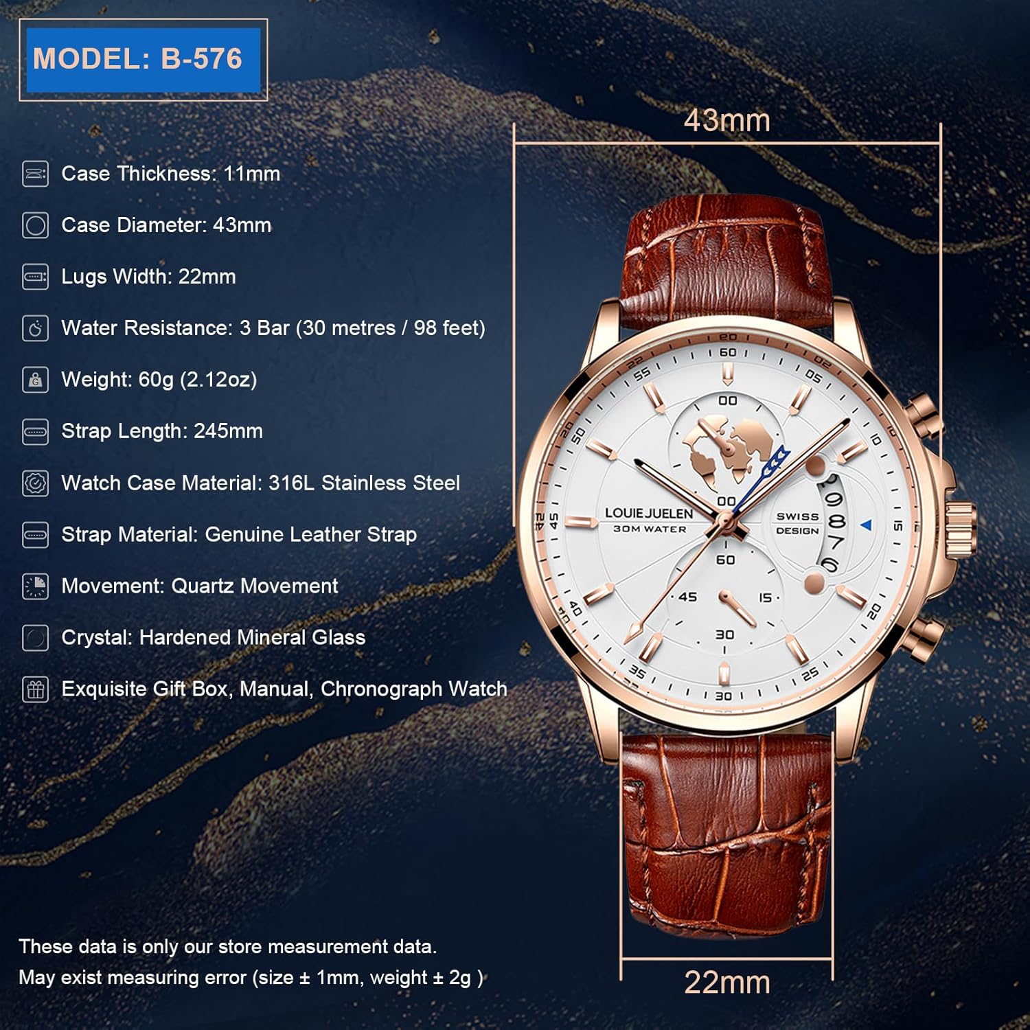 eYotto Men's Luxury Chronograph Quartz Wrist Watch, Casual Dress Black Leather Band Calendar Date Analog Formal Business Waterproof Wristwatch, Fashion Gifts Luminous Dial Watches for Men - Image 2