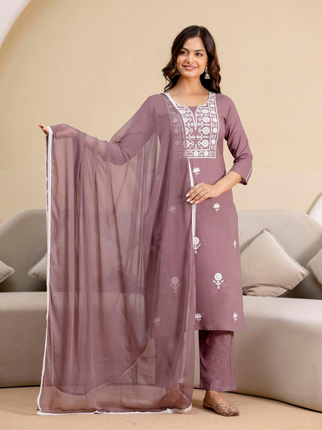 TRENDMALLS Women's Cambric Cotton Embroidery Work .Kurta Pant with Dupatta Set