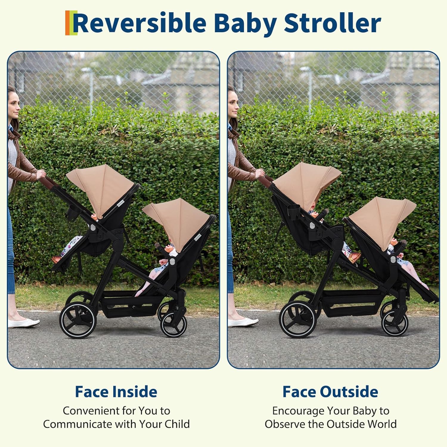 Tandem Double Stroller Newborn and Toddler, Foldable Twin Stroller with Reversible Seat, 5-Point Safety Harness, Adjustable Backrest & Canopy, Storage Basket