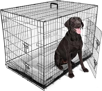 DogCrates+ Extra Large Foldable Dog Crate with Bed, 2 Doors Design, Non-Chew Metal, Removable Tray, 42-Inch Black